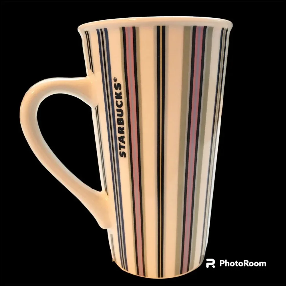 Starbucks Tall Ceramic Candy Striped Coffee Mug Cup Green Pink Blue Yellow